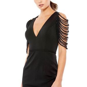 Mac Duggal Black Beaded Cold-Shoulder V-Neck Dress